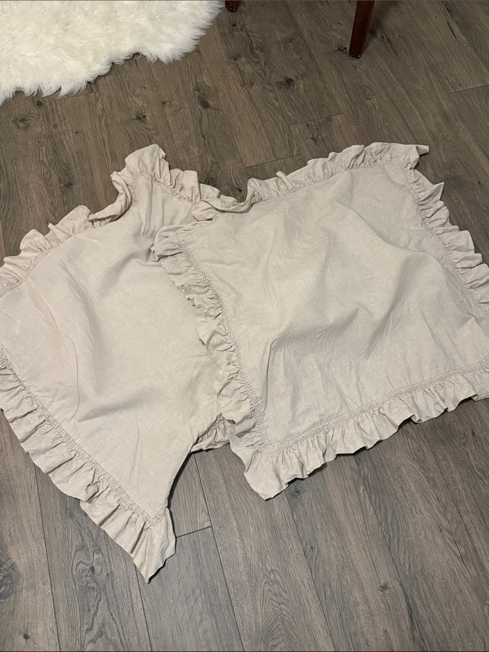 Pottery Barn Ruffled Pillow Shams in Light tan linen